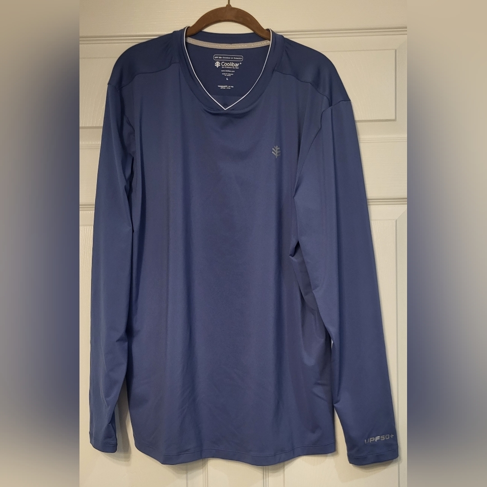 Men's Blue Long Sleeve Coolibar V-neck Shirt Size Large Sun Protection UPF 50